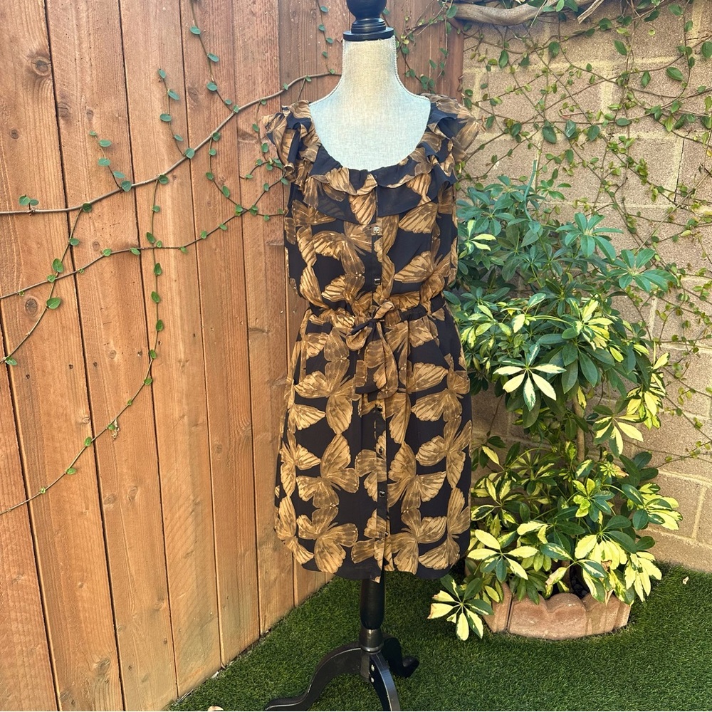 Banana Republic Dress Black with Brown Butterflies, Pockets Sz 10
